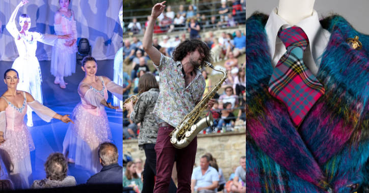 Collage of images showing performers at Durham Fringe Festival, Brass Festival and close up of clothes by Vivienne Westwood.